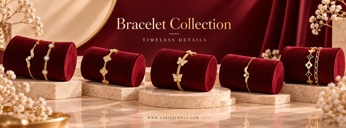 Zarif Jewels artificial bracelets for women in Pakistan featuring gold-tone butterfly, floral, crystal and charm bracelets on burgundy velvet. Artificial Bracelets for Women Online in Pakistan | Zarif Jewels.