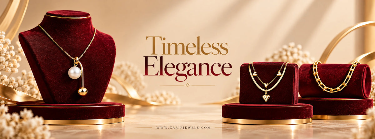 Zarif Jewels Pakistan artificial jewellery featuring gold-tone pearl pendant necklace, heart pendant necklace and fashionable chain necklaces on burgundy velvet.Artificial Necklaces & Pendant Necklaces Online in Pakistan | Zarif Jewels.
