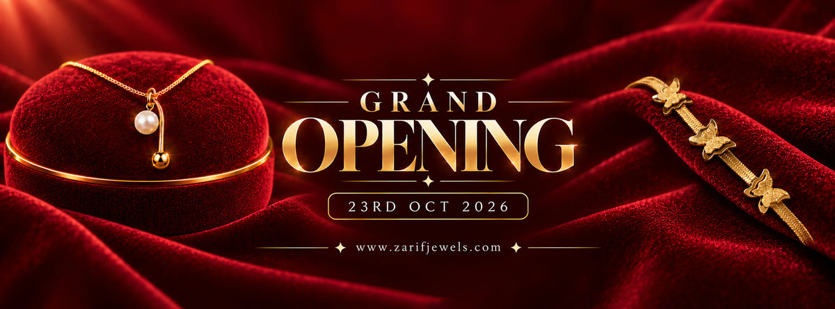 Zarif Jewels Pakistan grand opening on 23 October 2026 featuring a gold-tone pearl pendant necklace and butterfly bracelet on burgundy velvet. Zarif Jewels Pakistan Grand Opening | Artificial Jewellery Online.